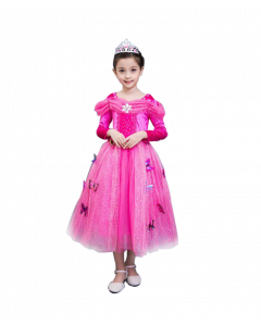 Kids Pink Fancy Dress Tulle Velvet Long Sleeve Princess Cinderella Costume